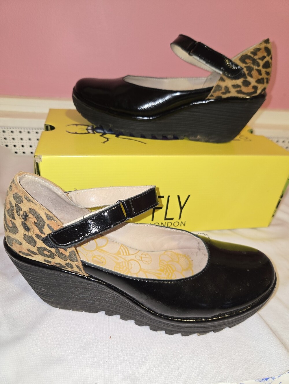 Fly London Black Patent Wedge Mary Jane with Leopard Back